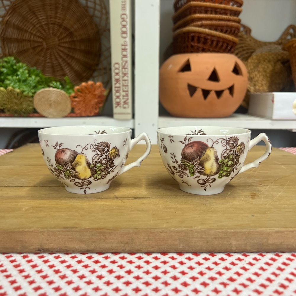 Vintage cups England brown transferware fruit replacement